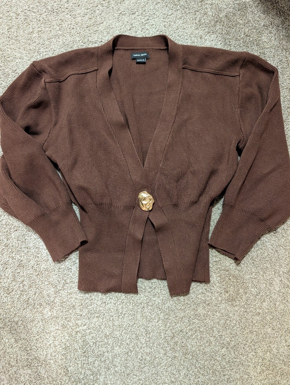 Urban Revivo Chocolate Brown Knit Cardigan with Gold Flower Clasp Sz 10